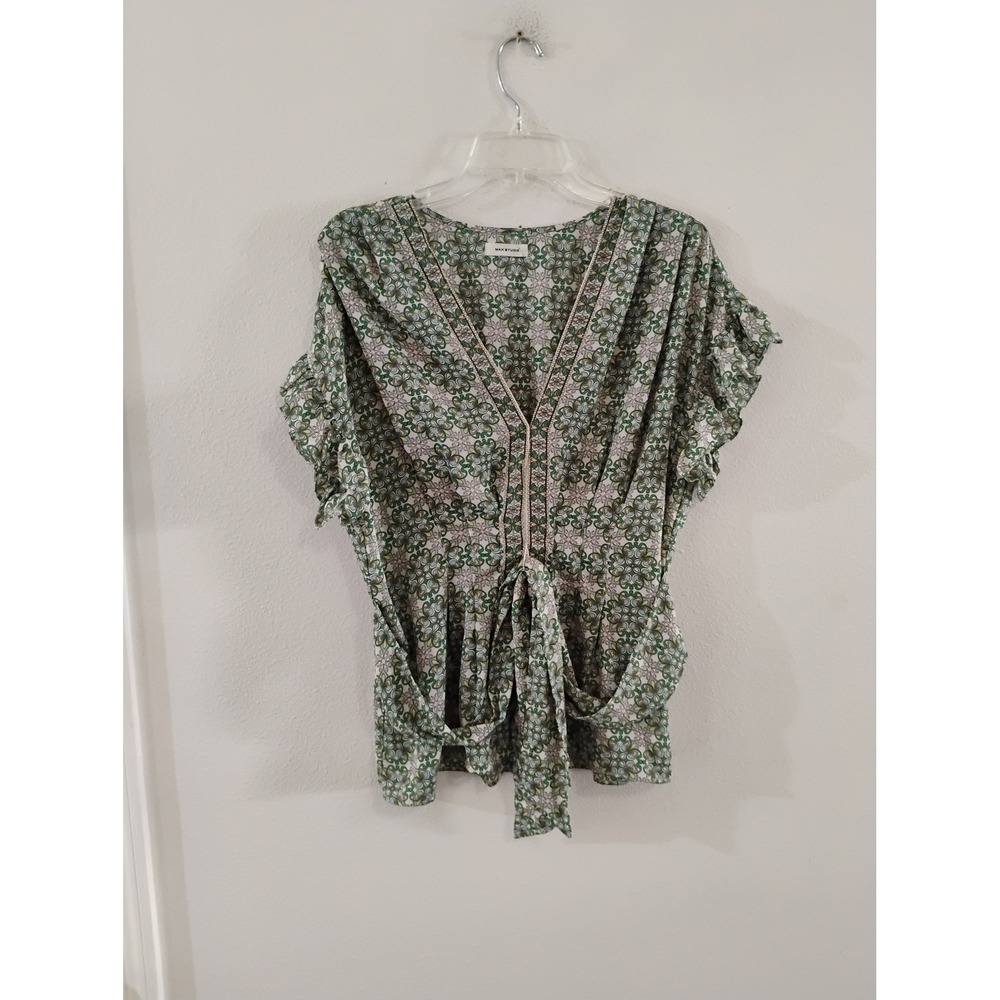 Max Studio Green Yellow Geometric Floral Ruffle Sleeve Tie Waist Peplum Blouse